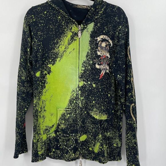 Ed Hardy Multicolor Vintage Skulls Print Fleece Zipper Hoodie Jacket Large - Picture 1 of 13